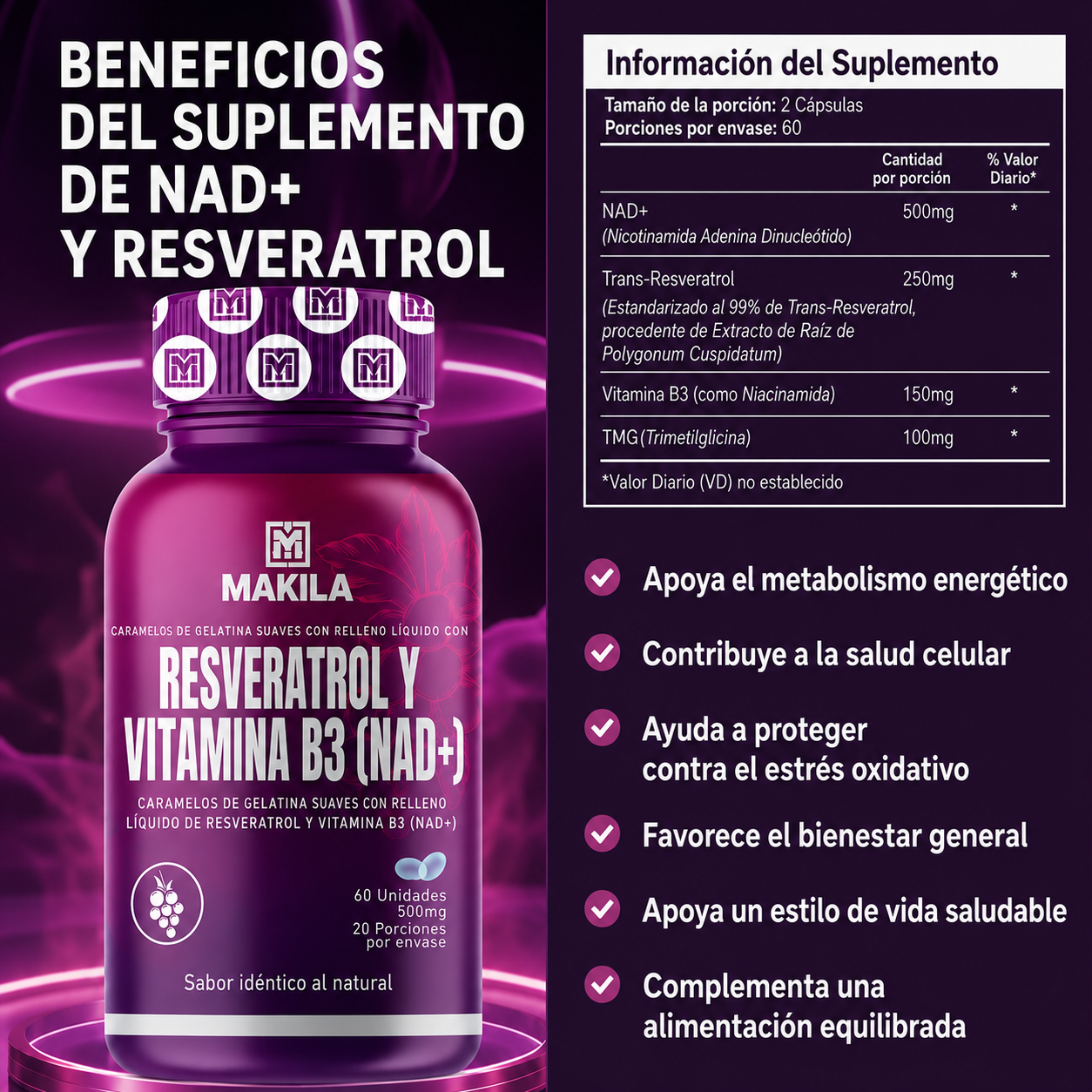 🔥 PROMO - RESVERATROL CON VITAMINA B3 PLUS 60 CÁPSULAS 500mg  | PRECURSOR NAD+ Y COMPLEJO 💊