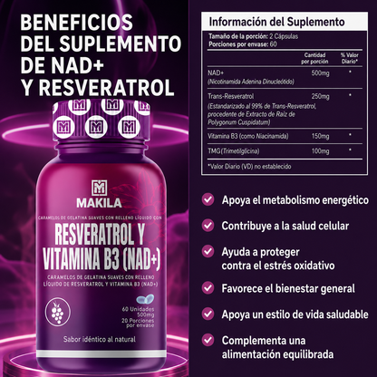 🔥 PROMO - RESVERATROL CON VITAMINA B3 PLUS 60 CÁPSULAS 500mg  | PRECURSOR NAD+ Y COMPLEJO 💊