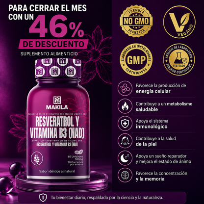 🔥 PROMO - RESVERATROL CON VITAMINA B3 PLUS 60 CÁPSULAS 500mg  | PRECURSOR NAD+ Y COMPLEJO 💊